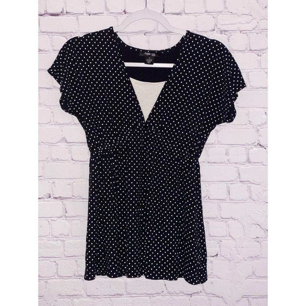 Stretchy black white polka dot top faux undershirt